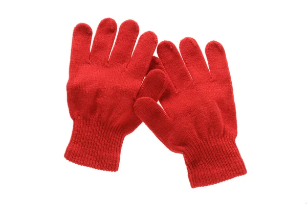 Красное трикотажное полотно детские перчатки с рисунком изолированы на белом bac — стоковое фото