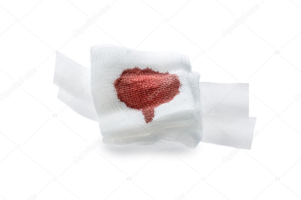Gauze bandage with blood  on white.