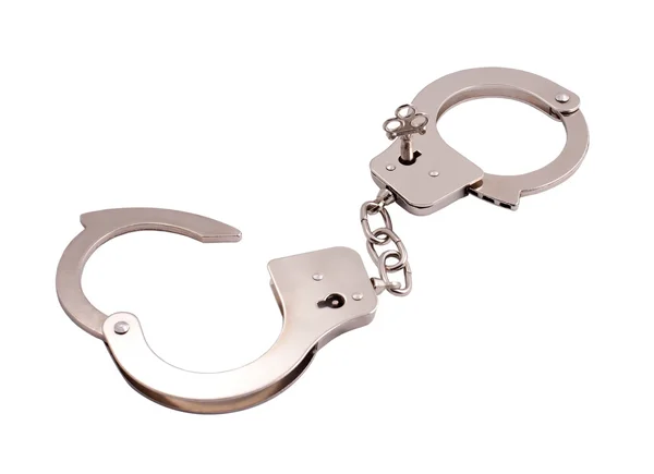 Открытые наручники с ключом, изолированным на белом — стоковое фото
