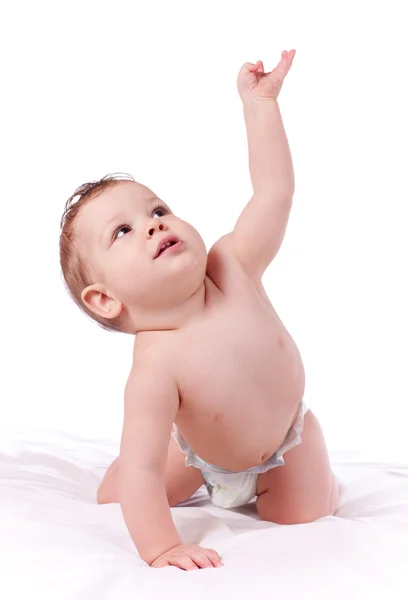 Closeup portrait of cute baby boy with outstretched hand isolate — Stock Photo, Image