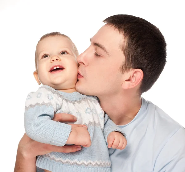 Père heureux avec un bébé isolé sur un blanc Photos De Stock Libres De Droits