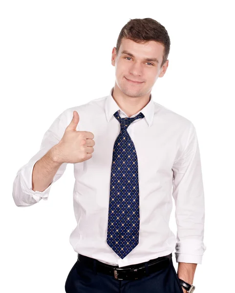 Homem de negócios gesticulando polegares para cima isolado em branco Fotografia De Stock