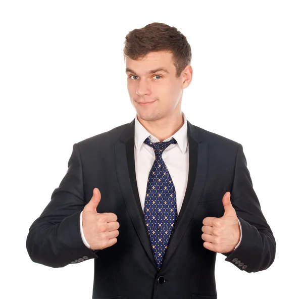 Homem de negócios gesticulando polegares para cima isolado em branco Imagem De Stock