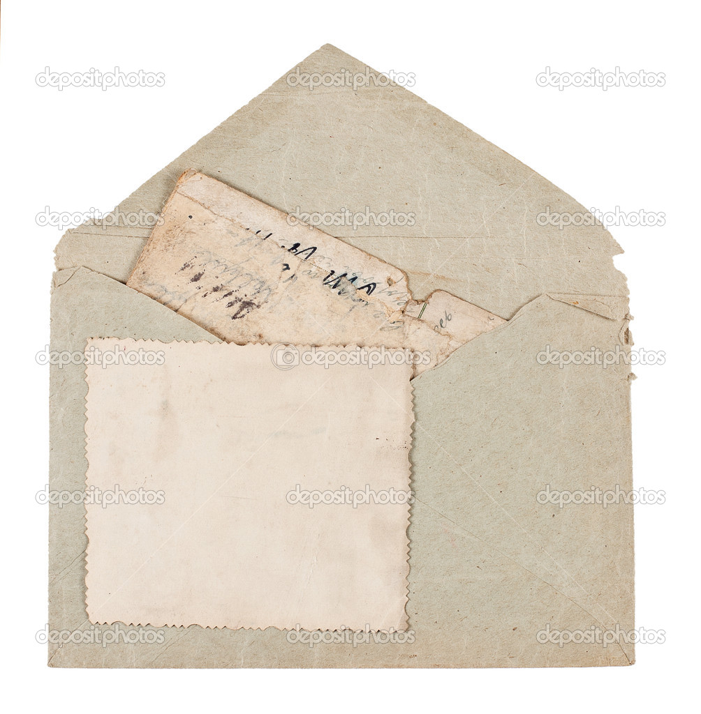 vintage envelope with old postcards isolated on white