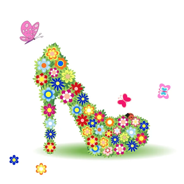 Skor på en hög klack dekorerad med blommor och fjärilar — Stock vektor