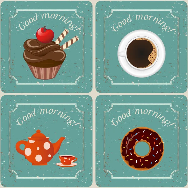 Illustrazione - Illustrazione retrò con tè, cupcake e caffè — Vettoriale Stock