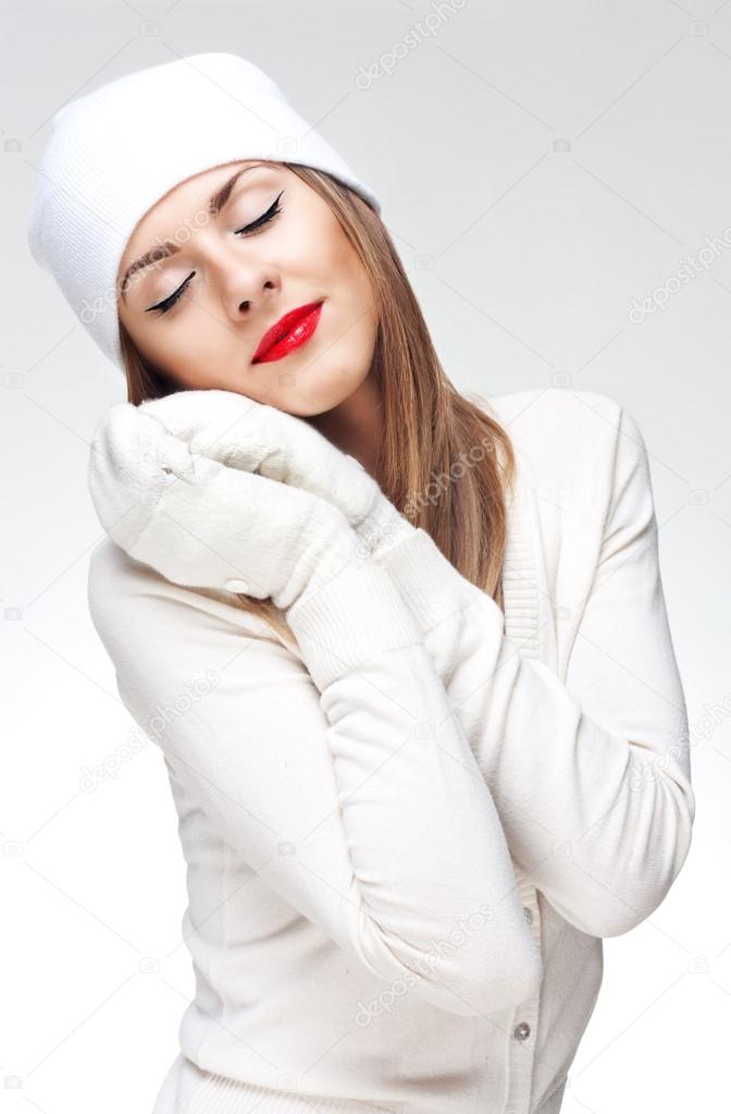 Winter face portrait of a young woman