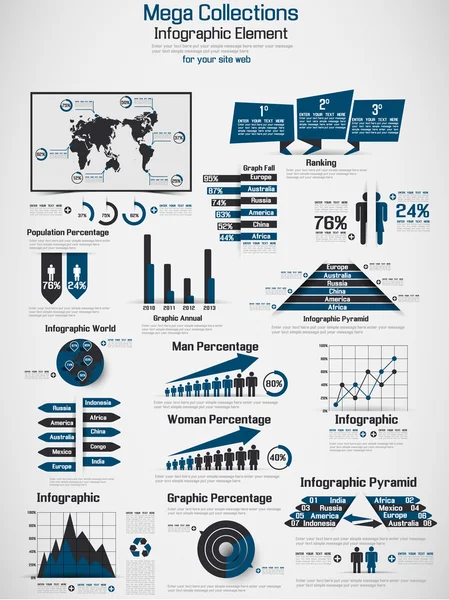 ÉLÉMENTS DE CARTE MONDIALE DÉMOGRAPHIQUE DE RETRO INFOGRAPHIE BLEU — Image vectorielle