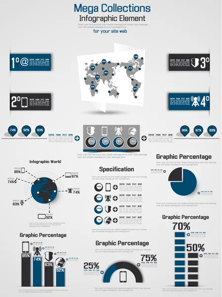 Retro infographic demografiska världen kartelementen 2 blå — Stock vektor