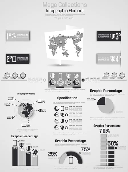 RETRO INFOGRAFÍA DEMOGRAFÍA MAPA MUNDIAL ELEMENTOS 2 GRIS — Archivo Imágenes Vectoriales