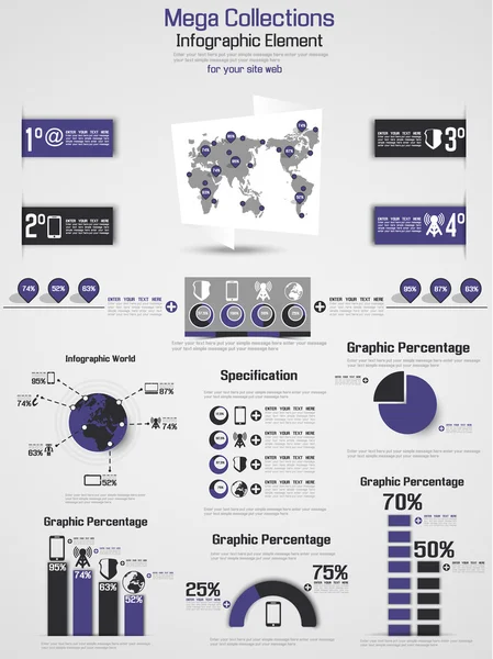 RETRO INFOGRAPHIC DEMOGRAPHIC WORLD MAP ELATIONS 2 PURPLE — стоковий вектор