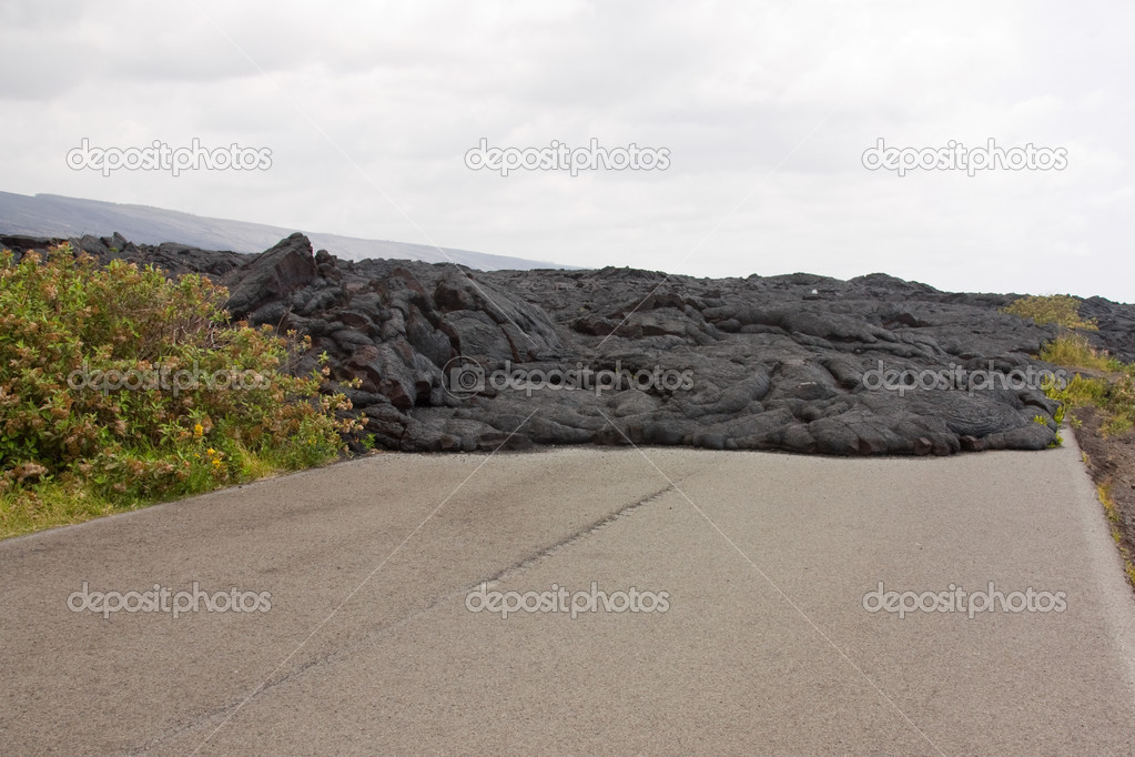 Road blocked by a lava flow
