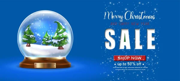 矢量现实的圣诞和新年背景 明信片 横向方向 蓝色背景的树 圣诞大甩卖 — 图库矢量图片