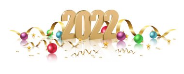 2022 Mutlu Yıllar Tasarımı, 3D altın 2022 logo numaraları Noel baloları, beyaz arka planda New York kutlama davetiyesi.