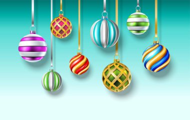 3D gerçekçi Noel topları arka planda asılı.