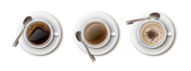 Kafe ve restoran içecek menüsü, americano, cappuccino, sade kahve için 3D gerçekçi kahve fincanı seti.