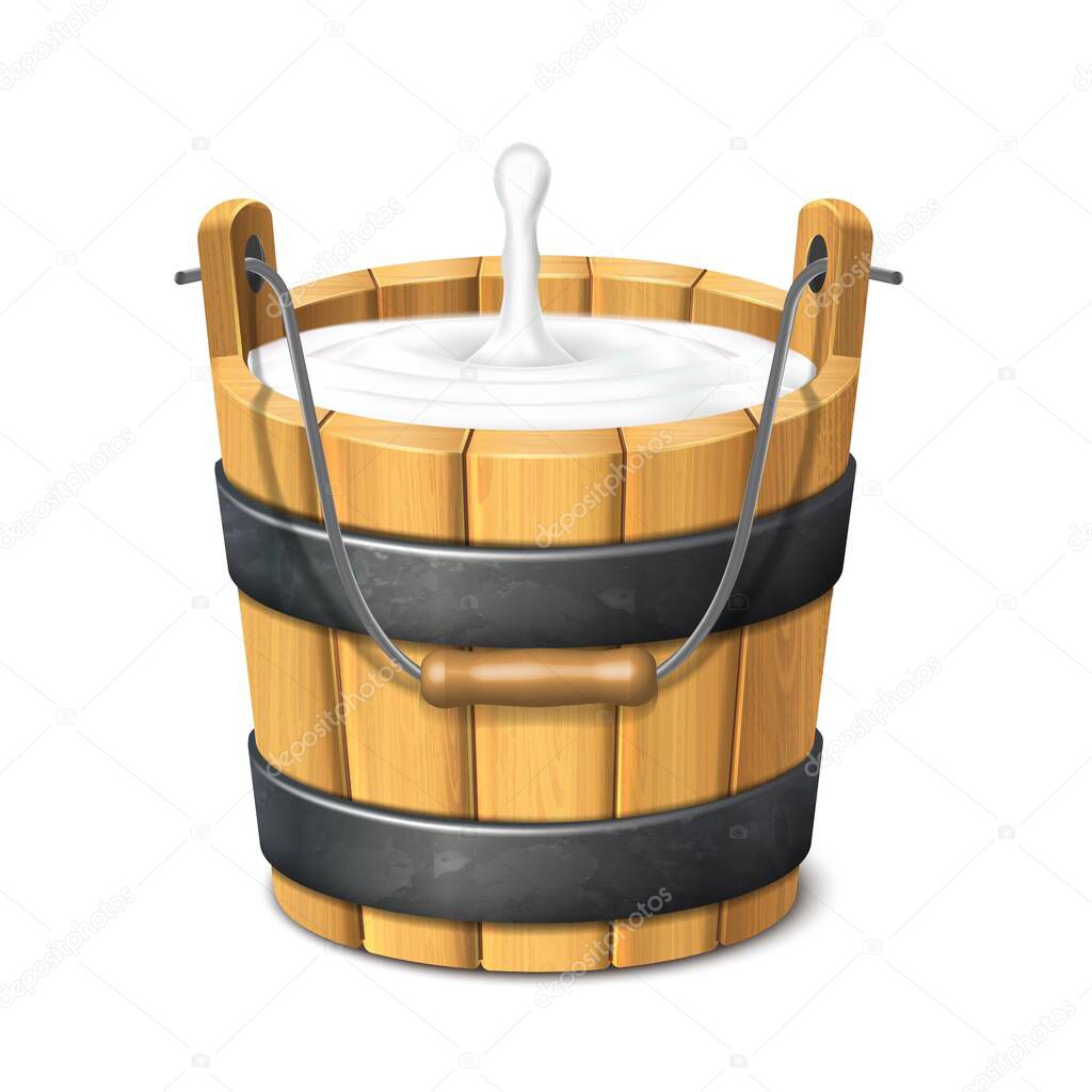 3d realistic vector icon. Wooden rustic bucket. Milk. Natural yogurt. isolated on white background.