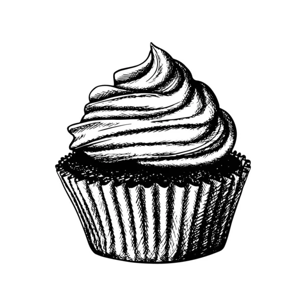 Icona disegnata a mano. Cupcake al cioccolato. Isolato su sfondo bianco. — Vettoriale Stock
