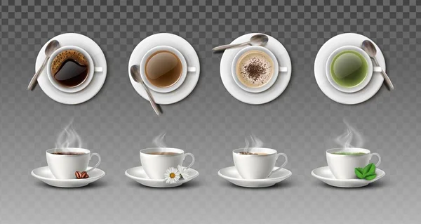 Realistische Vektor Kollektion Weißer Kaffeetassen Mit Löffeln Seiten Und Oberseite — Stockvektor