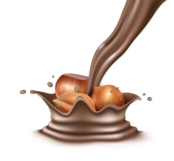 Realistic Vector Icon Chocolate Spread Splash Hazelnuts Pouring Liquid Chocolate — Stock Vector