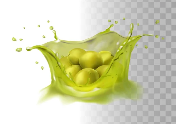 Icono Vector Realista Salpicadura Aceite Aceitunas Verdes — Vector de stock