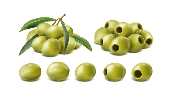 Realistic Vector Icon Set Green Olives Isolated White Background — Stock Vector