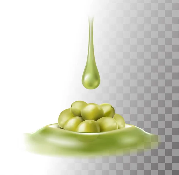 Трехмерный Реалистичный Векторный Значок Капля Оливкового Масла Зеленые Оливки — стоковый вектор