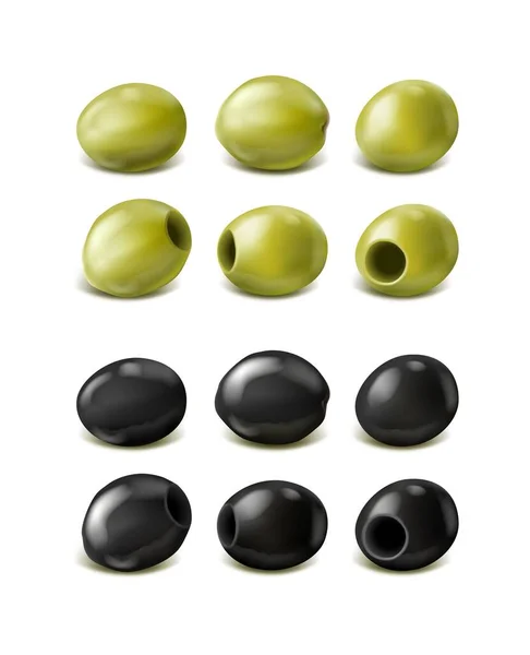 Realistic Vector Icon Set Green Black Olives Isolated White Background — Stock Vector