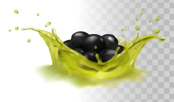 Icono Vector Realista Salpicadura Aceite Aceitunas Negras — Vector de stock