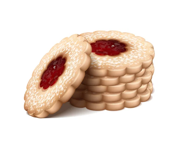 Bolinhos Linzer Uma Pilha Biscoitos Natal Com Geléia Morango Vermelho — Vetor de Stock