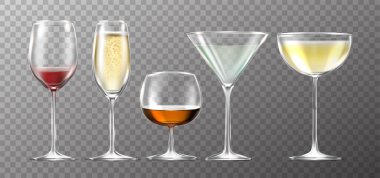 3D gerçekçi vektör simgesi. Büyük bir bardak dolusu şarap, şarap, şampanya, martini, margarita.