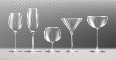 3D gerçekçi vektör simgesi ayarlandı. Şeffaf şarap, şampanya, konyak, martini..
