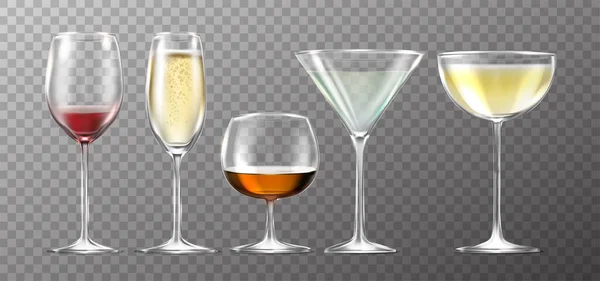 Reális Vektor Ikon Nagy Gyűjtemény Teljes Pohár Szőlő Pezsgő Martini — Stock Vector