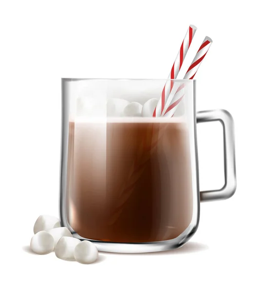 Icona Vettoriale Realistica Bicchiere Cacao Con Marshmallow Cannucce Bianche Rosse — Vettoriale Stock