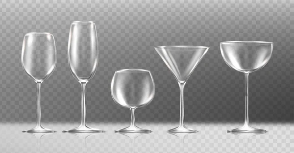 Icono Vector Realista Conjunto Copas Transparentes Vino Champán Coñac Martini — Vector de stock