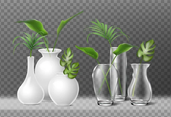 Realistisches Symbol Isoliert Blumenvasen Aus Glas Und Porzellan Mit Pflanzen — Stockvektor