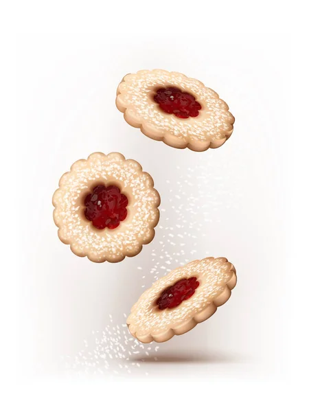 3Dリアルなベクトルアイコン アイシングシュガーで落ちるリンザークッキー クッキーの焼き方 — ストックベクタ