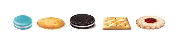 クッキーの種類のベクトルコレクションです クラッカー マカロン リンザークッキー オレオ 白い背景に隔離されている サイドビュー — ストックベクタ
