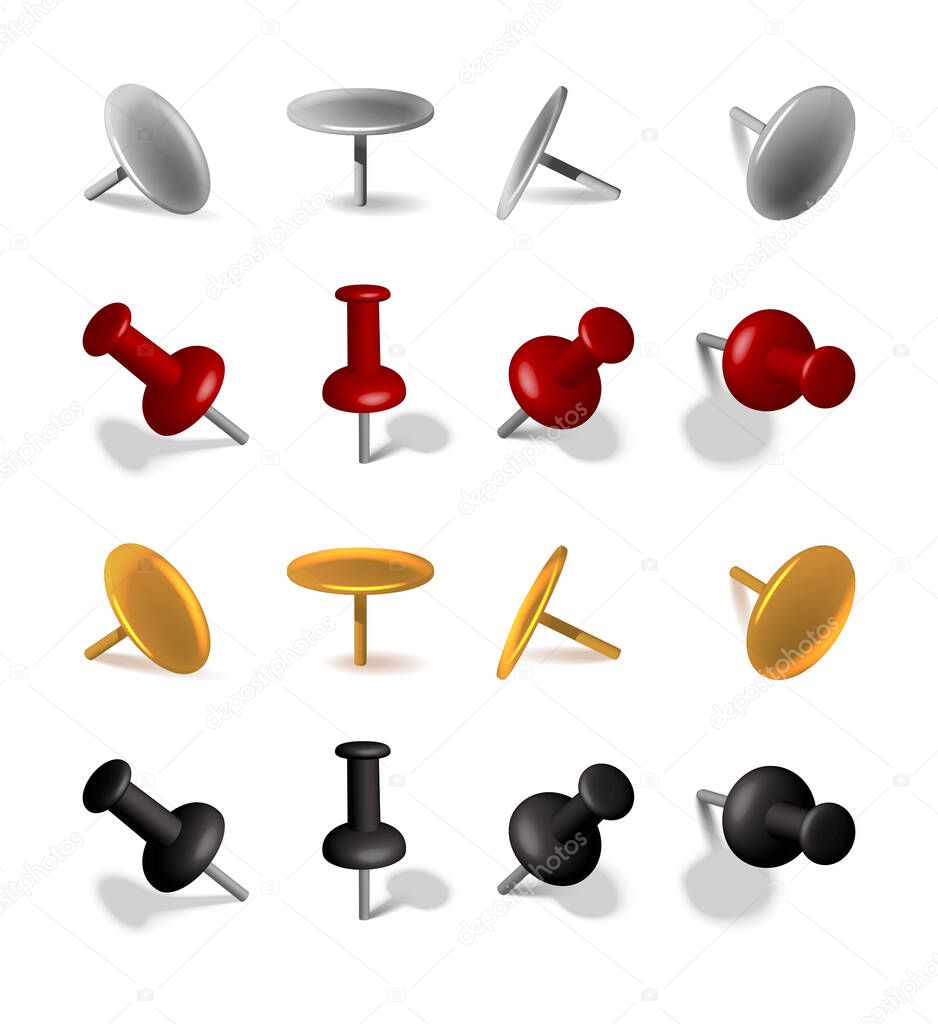 3d realistic vector icon collection. Paper pins in different shapes and colors. Isolated on white background.