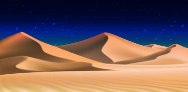 Gece kum tepelerinin 3 boyutlu gerçekçi arka planı. Koyu mavi gökyüzü olan çöl manzarası.