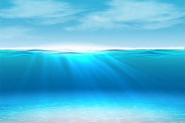 3D gerçekçi arka plan. Güneş ışınlı su altı okyanusu. Dalgalı su yüzeyi ile deniz kenarı kavramı