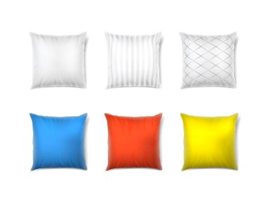 3d realistic vector icon set. square pillow with patterns and different colors.