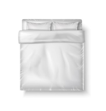 3d realistic vector icon. White bedsheets, top view of king size bed with two pillows and duvet.