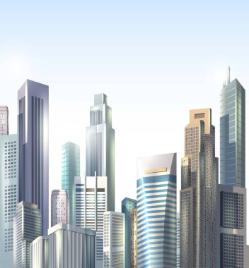 3d realistic vector background. Realistic city road skyscrapers, bussines district offices.