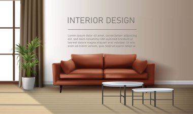 3d realistic vector background. Interior with modern leather couch, living room with window.