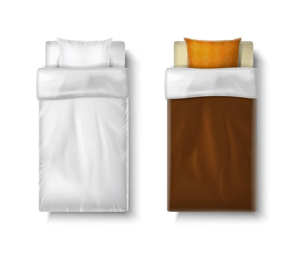 Realistic Vector Icon Set Single Double Bed White Bedsheets Duvet — Image vectorielle