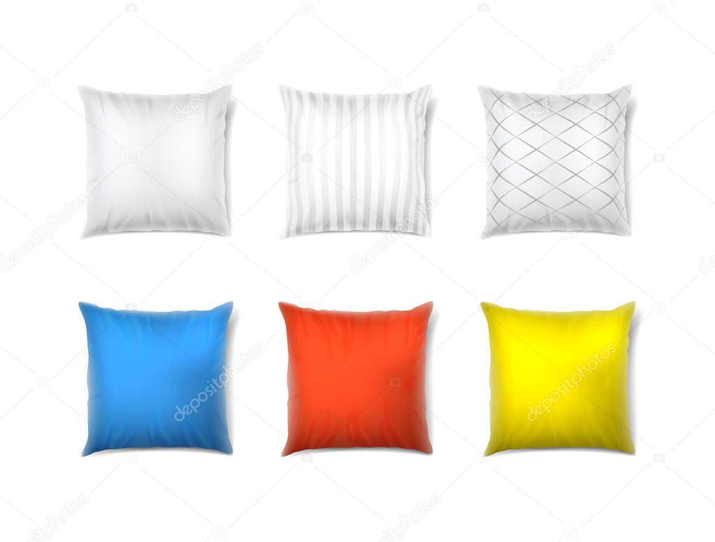 3d realistic vector icon set. square pillow with patterns and different colors.