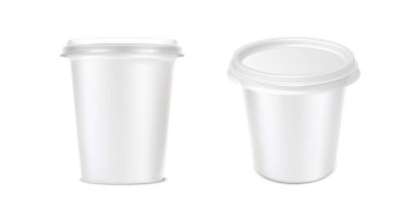 realistic vector icon set. Dairy yogurt mockup. White sour cream plastic box with lid. Side and top view. Isolated on white background.