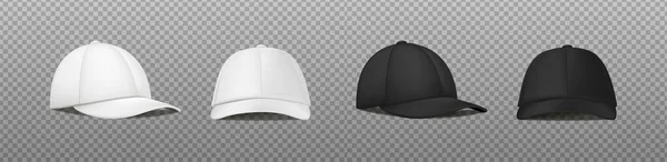 Realistic vector icon. White and black sport cap in front and side view. Mockup baseball cap. — Stockvektor