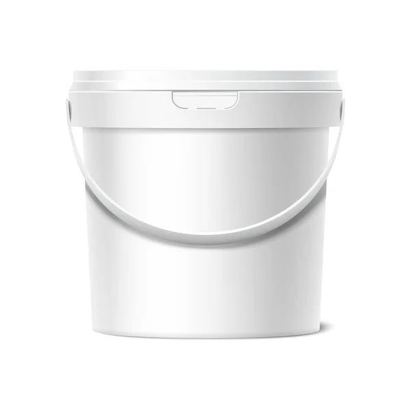 Realistic vector icon. White container plastic bucket. Food or paint cup with lid. Isolated on white background. mockup template. — Stok Vektör